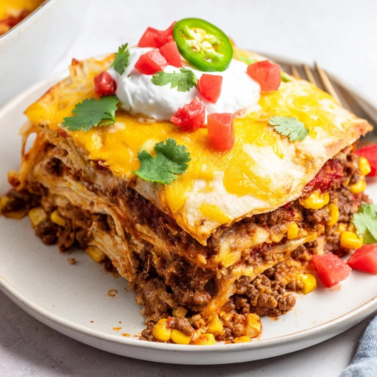 Baked Beef Enchilada Casserole with melted cheese bubbling in a golden 9x13 baking dish