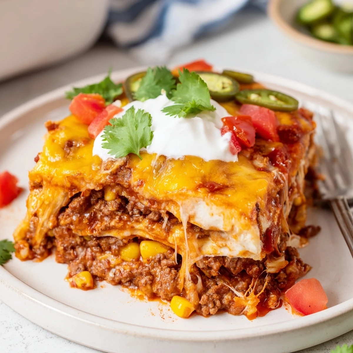 Golden baked beef enchilada casserole topped with cilantro tomatoes and dollops of sour cream