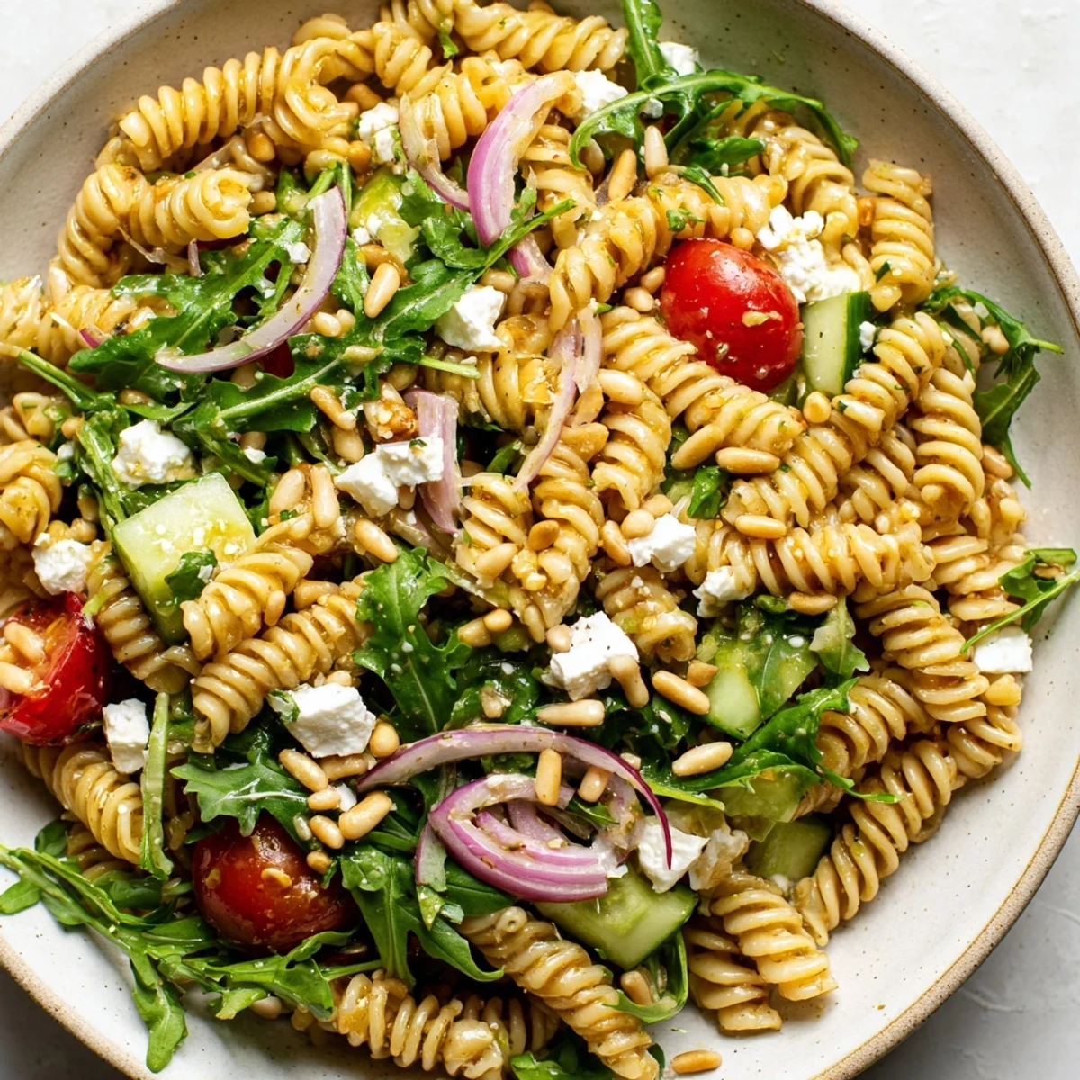 Fresh lemon arugula pasta salad tossed with cherry tomatoes and cucumber in zesty dressing