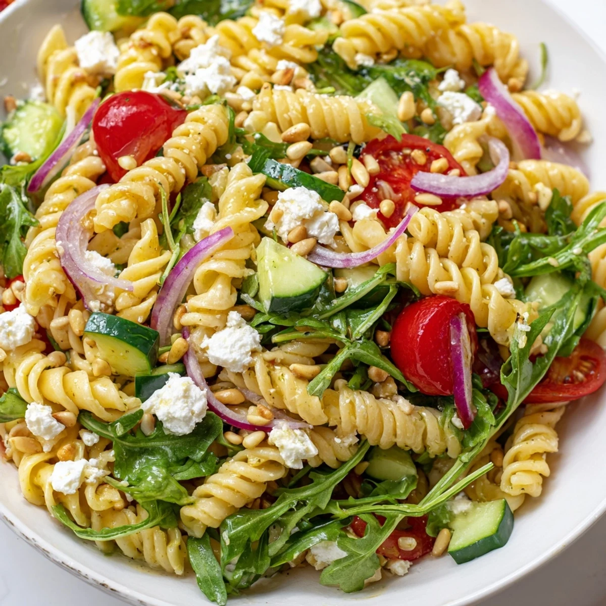 Bright lemon arugula pasta salad topped with crumbled feta and toasted pine nuts