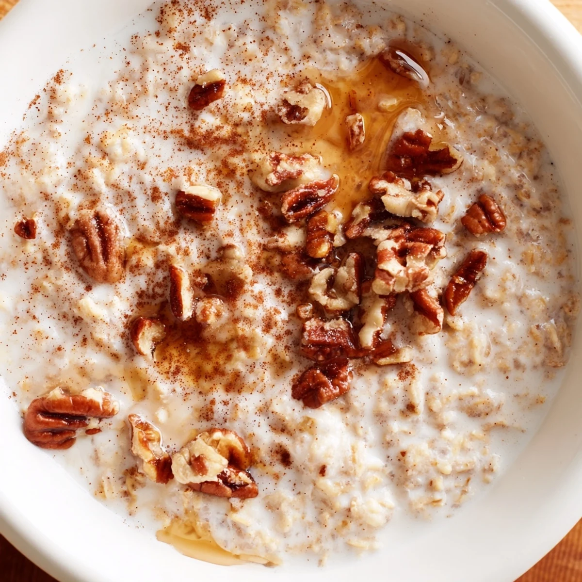 Creamy maple cinnamon pecan overnight oats topped with crunchy nuts in a glass jar