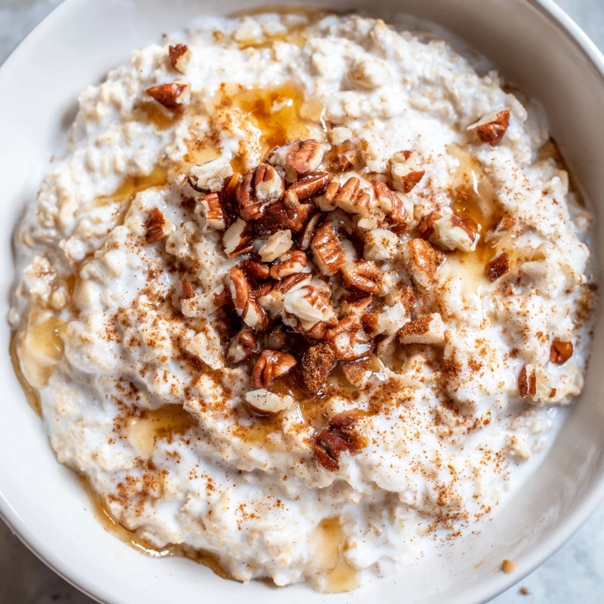 Maple cinnamon pecan overnight oats served chilled with a drizzle of sweet syrup
