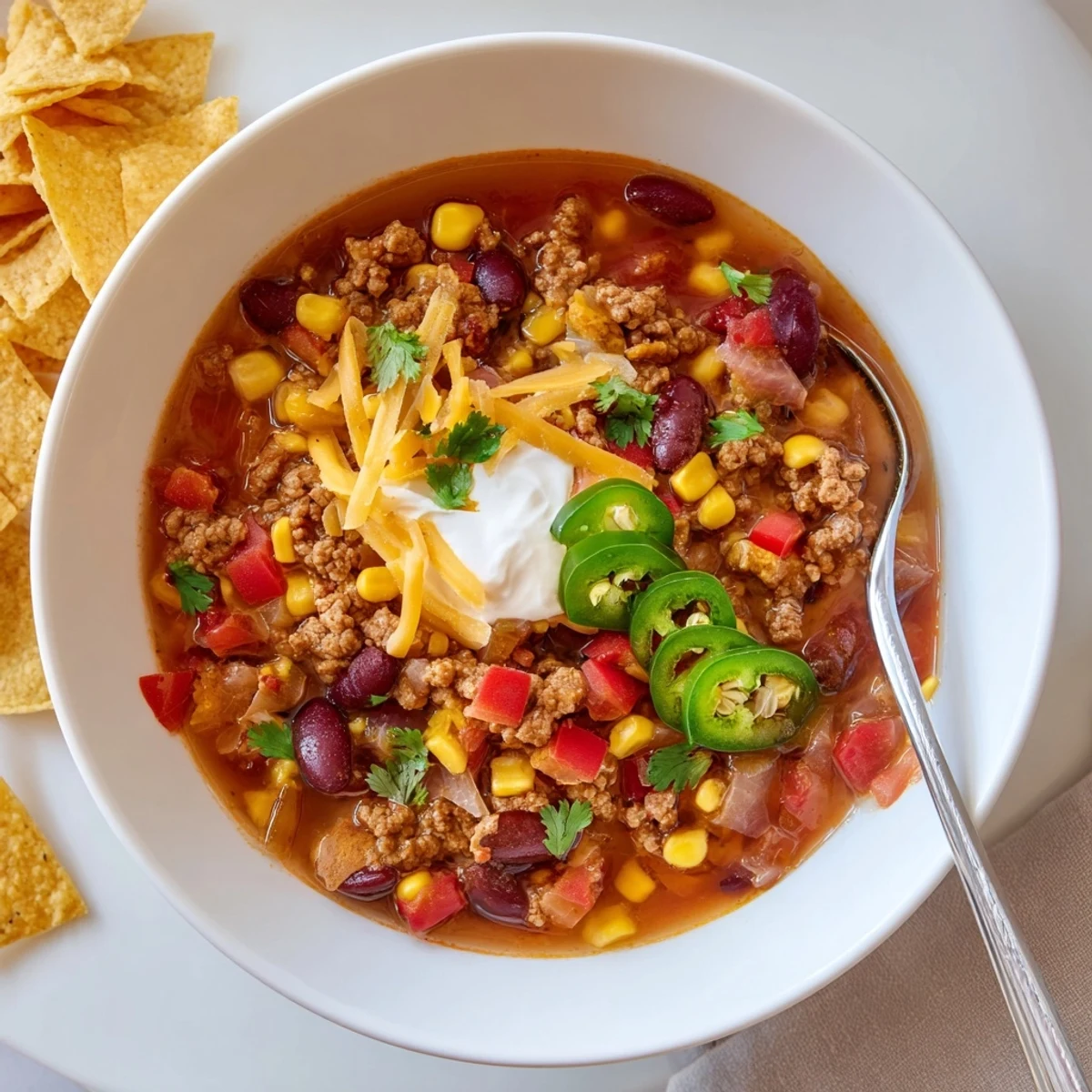 Steaming bowl of crockpot ground beef taco soup topped with melted cheese and crunchy tortilla chips