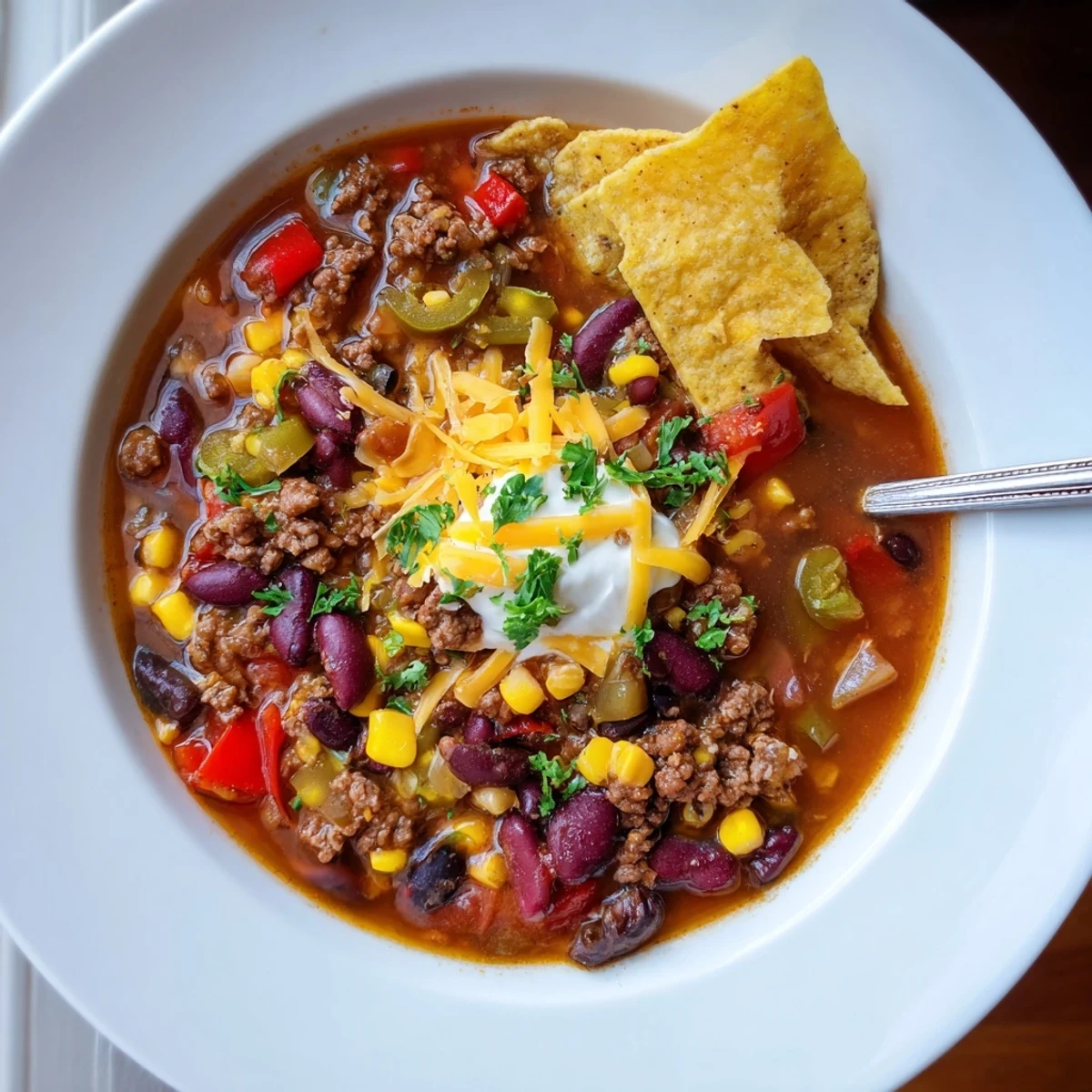 Hearty crockpot ground beef taco soup loaded with tender beans corn and savory spices