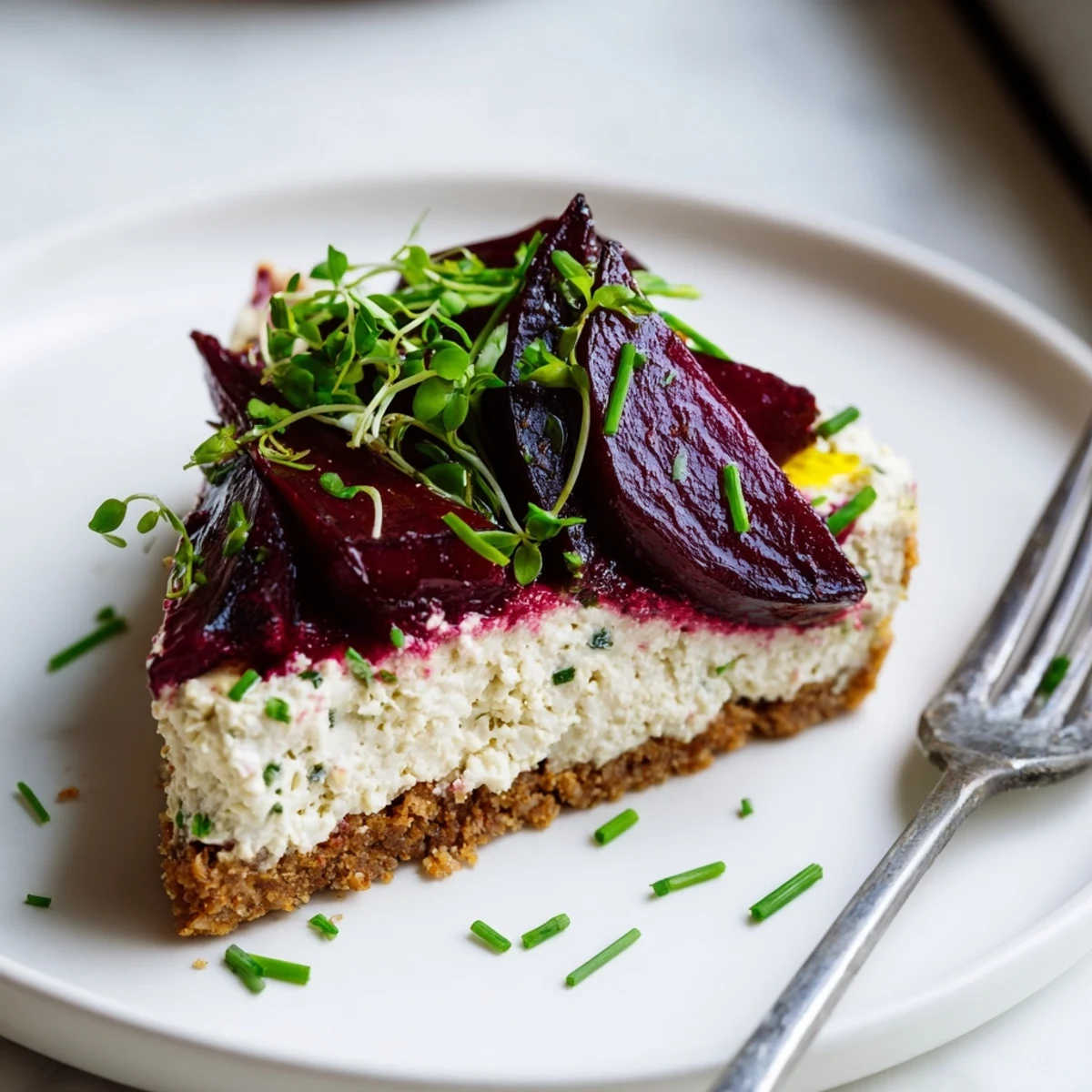 Creamy savoury cheesecake topped with jewel-toned roasted beetroot and fresh herbs on a rustic plate