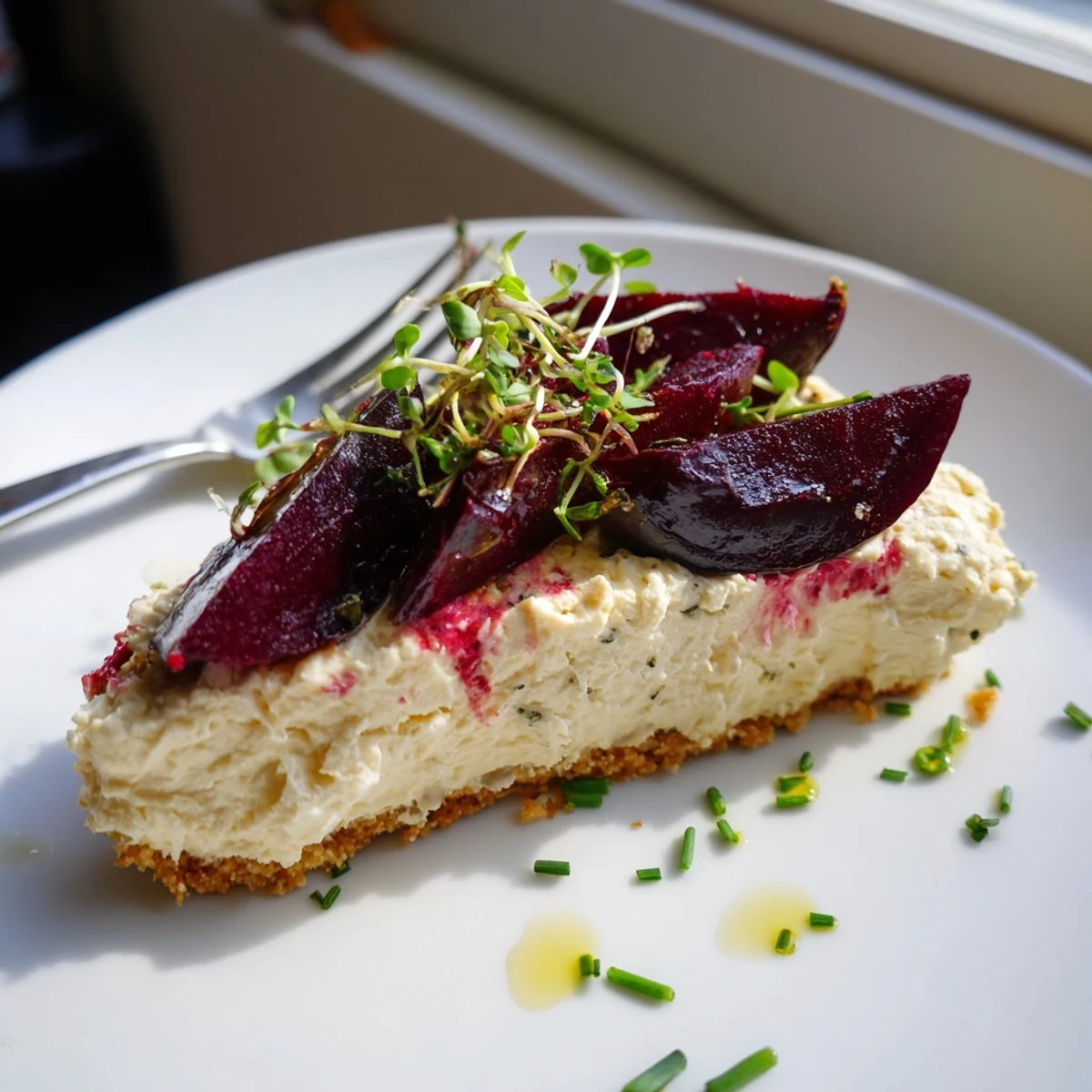 Golden-crusted savoury cheesecake with caramelized beetroot wedges microgreens and a drizzle of olive oil