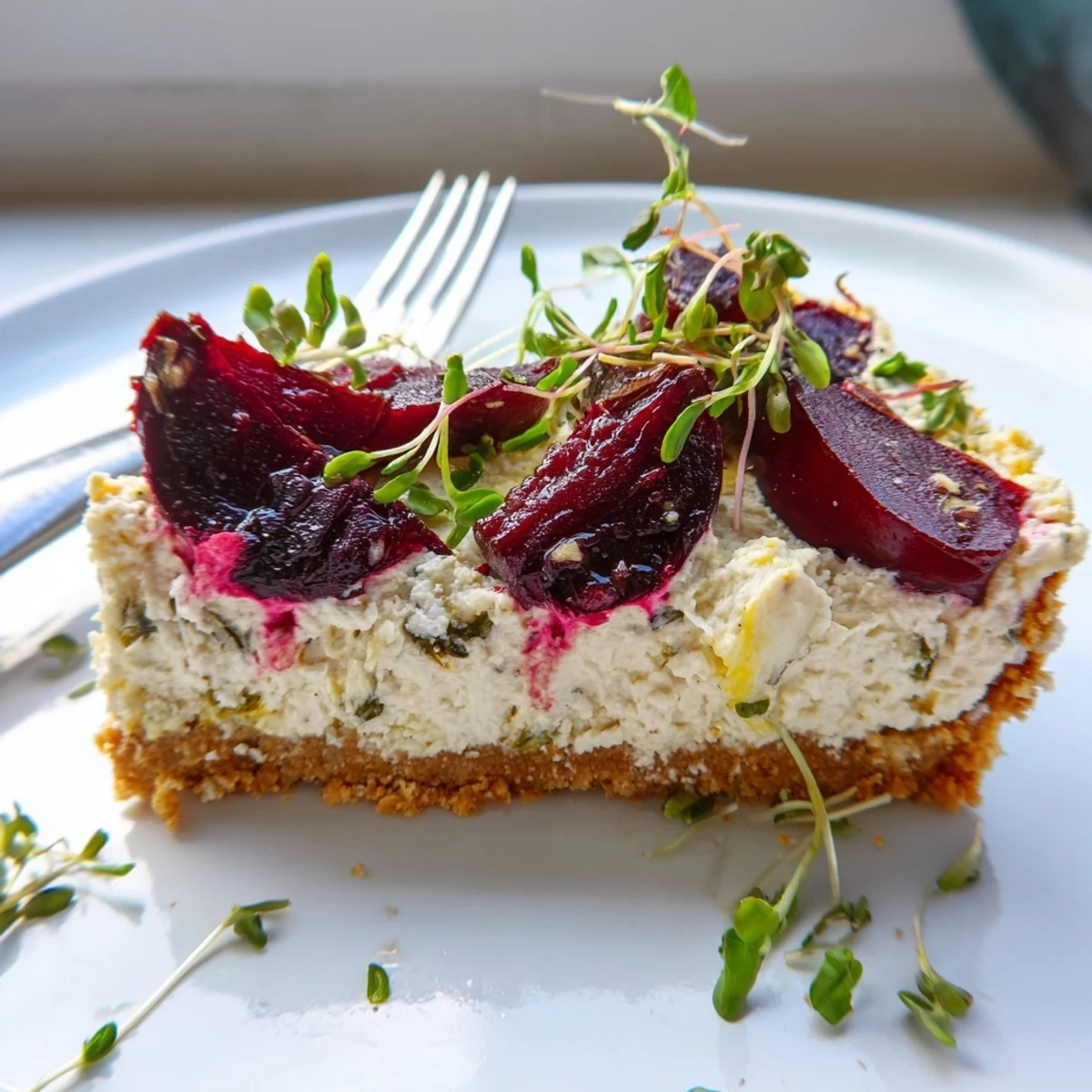 Slice of savoury cheesecake with roasted beetroot garnished with chives on a white serving platter