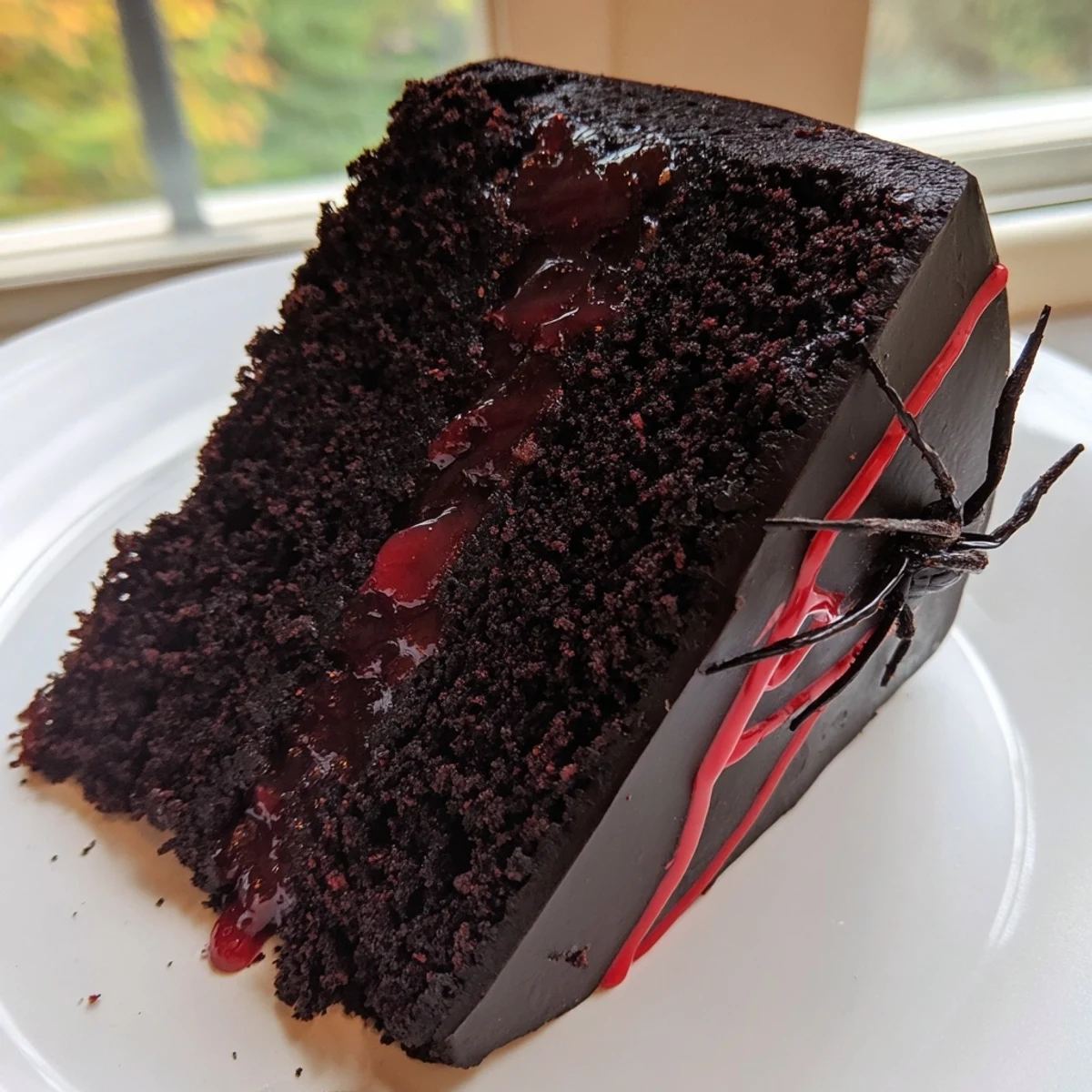 Dark black widow spider cake dripping with glossy ganache and bloody cherry filling