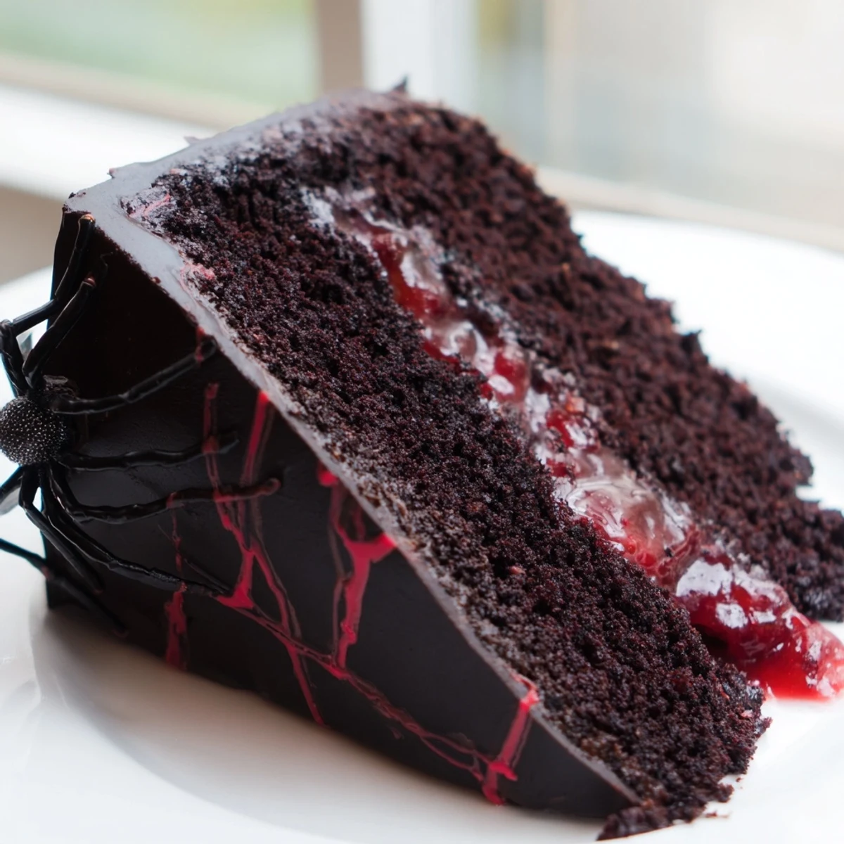 Hidden horror black widow cake sliced open revealing deep red cherry compote center