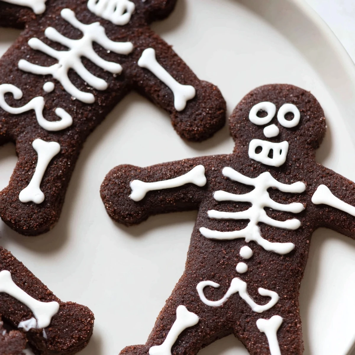 Dark chocolate Cinnamon Skeleton Cookies decorated with intricate royal icing skeleton designs