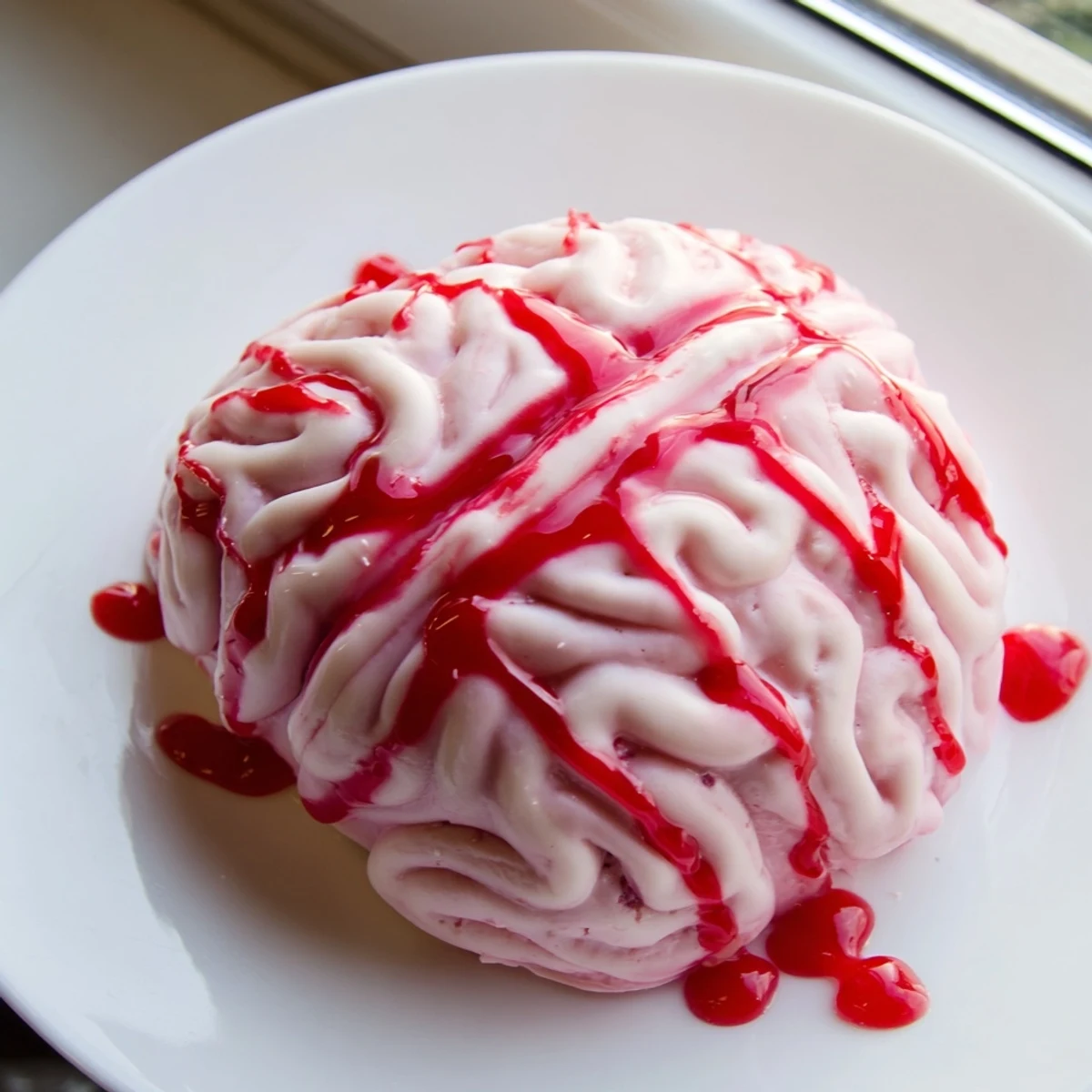 Smooth strawberry cheesecake brain dessert sliced on a dark plate with graham cracker crust visible