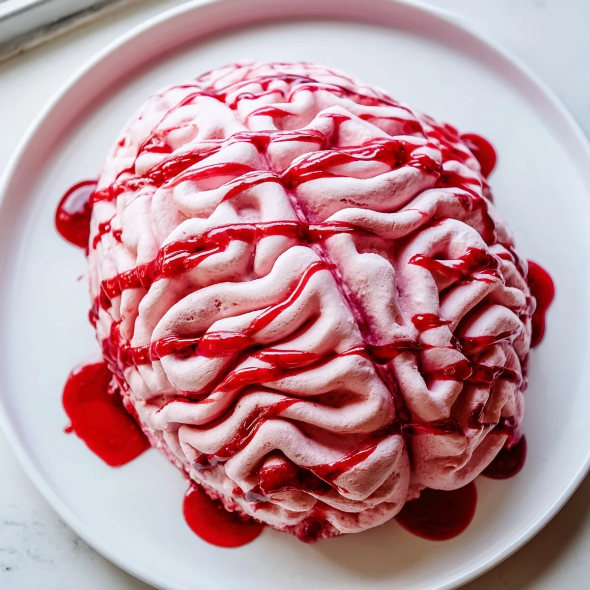 Creepy No Bake Strawberry Cheesecake Brain with red berry sauce dripping over pink chocolate folds
