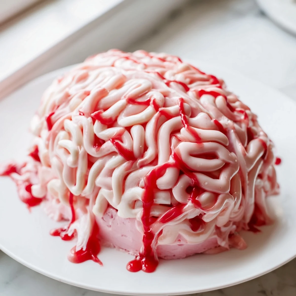 Festive No Bake Strawberry Cheesecake Brain topped with piped white chocolate squiggles and crimson coulis drizzle