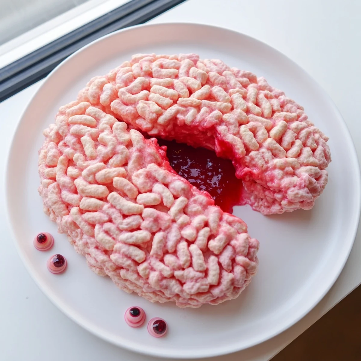Spooky Stuffed Crispy Rice Cereal Brain oozing with red berry filling on a Halloween party platter