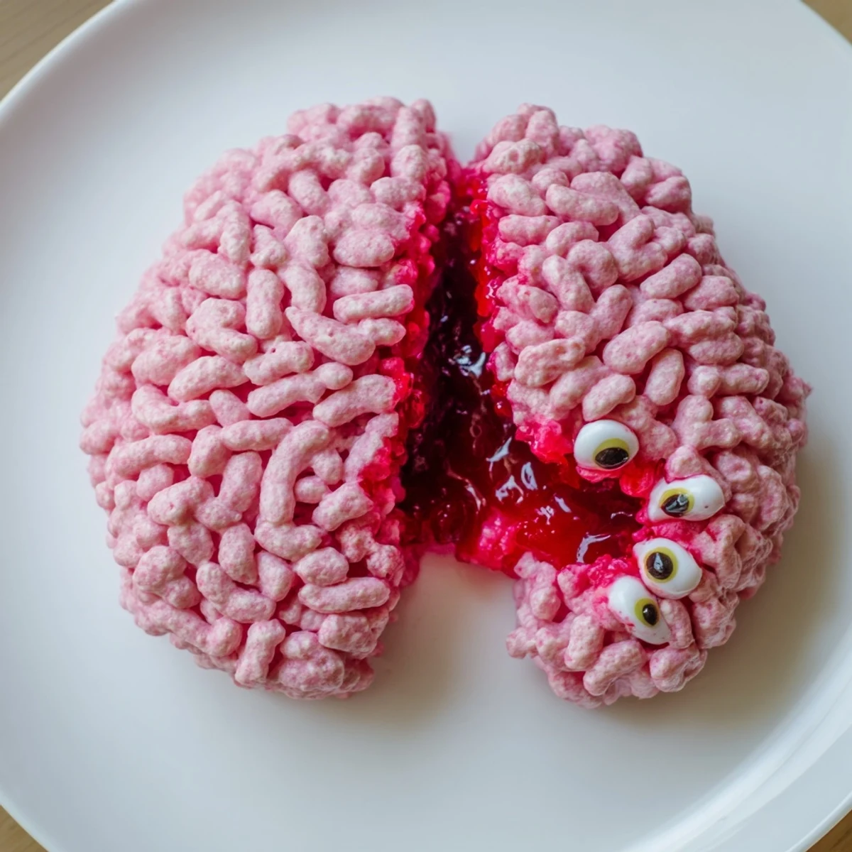 A pink Spooky Stuffed Crispy Rice Cereal Brain sliced open revealing a gooey raspberry center