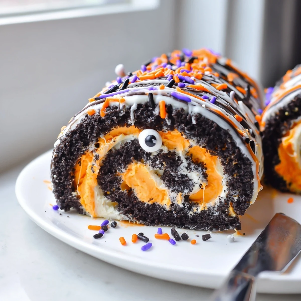 A slice of Halloween Oreo Roll with orange whipped cream and spooky candy eyes on a dark plate