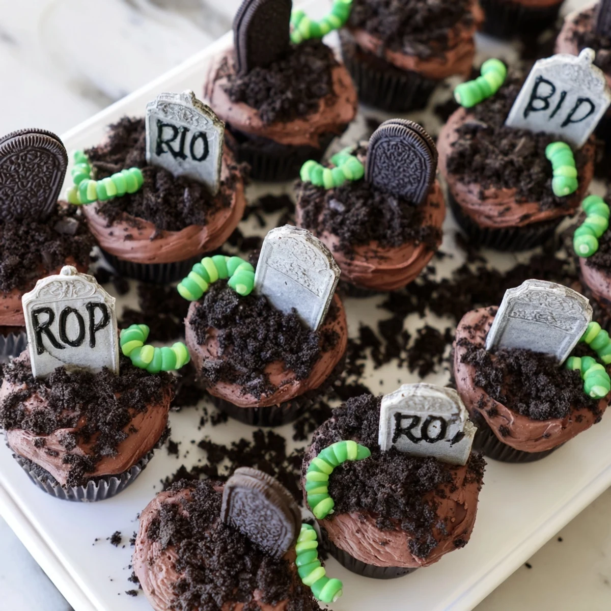 Pull apart graveyard cupcakes topped with rich chocolate frosting and crushed cookie dirt