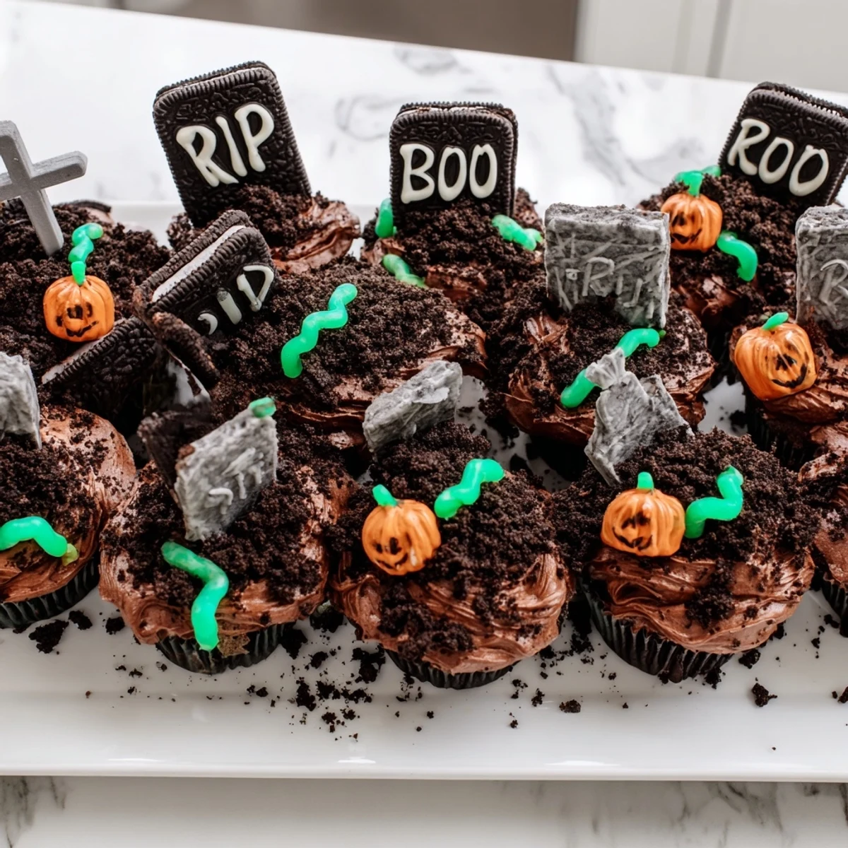 Chocolate frosted pull apart graveyard cupcakes decorated with tombstone cookies and gummy worms