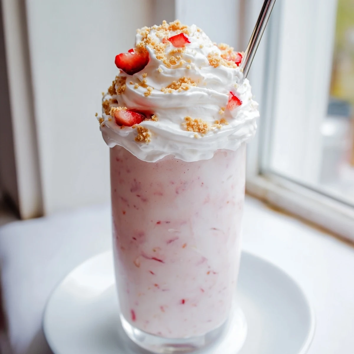 Tall pink strawberry cheesecake milkshake topped with whipped cream and graham cracker crumbs