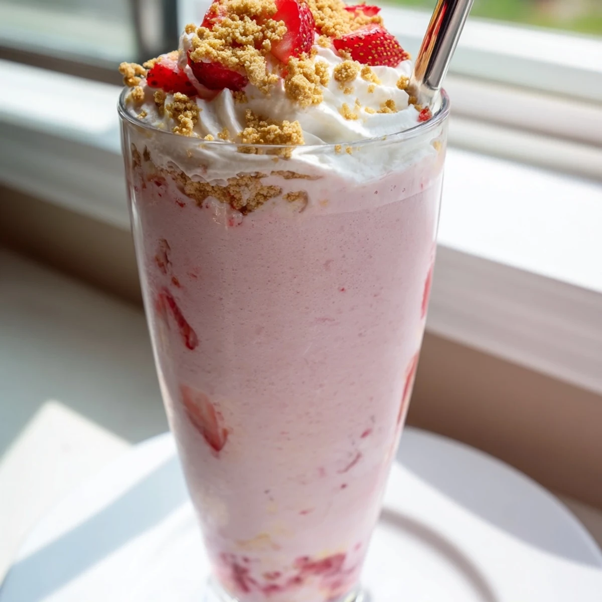 Creamy strawberry cheesecake milkshake in a glass garnished with fresh sliced strawberries