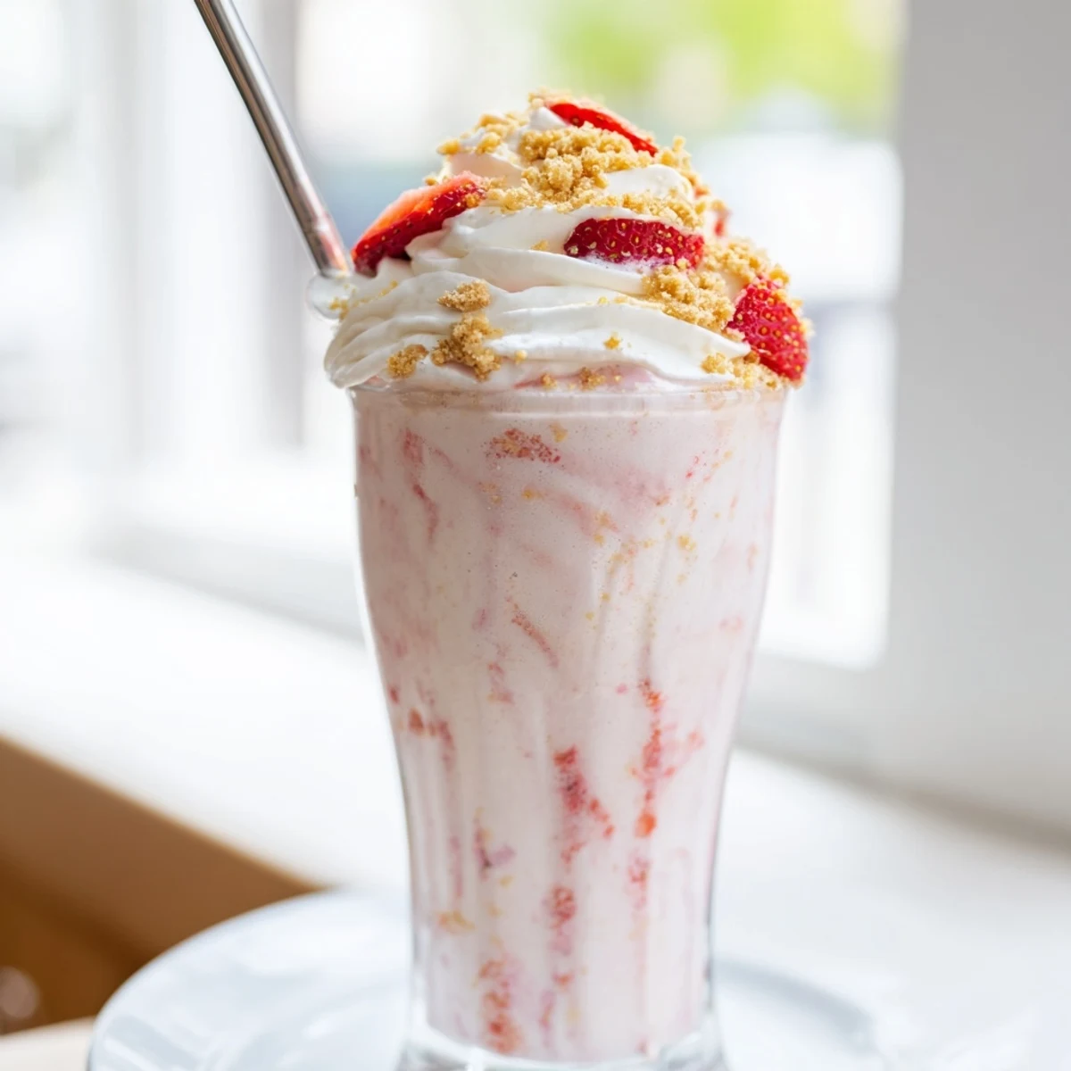 Thick strawberry cheesecake milkshake drizzled with graham crumbs and a whipped cream swirl