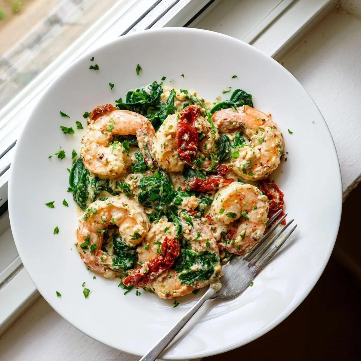 Golden shrimp nestled in a rich garlic Parmesan sauce with wilted spinach for this keto creamy Tuscan shrimp.