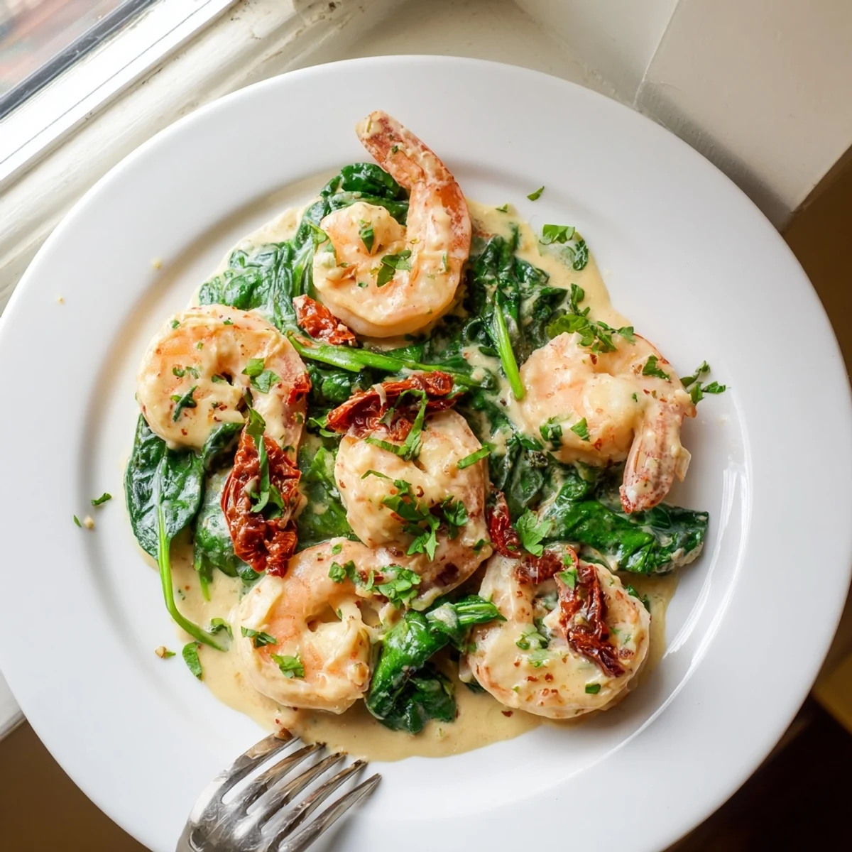 Plump pink shrimp tossed with sun-dried tomatoes in a velvety cream sauce, a stunning keto creamy Tuscan shrimp platter.