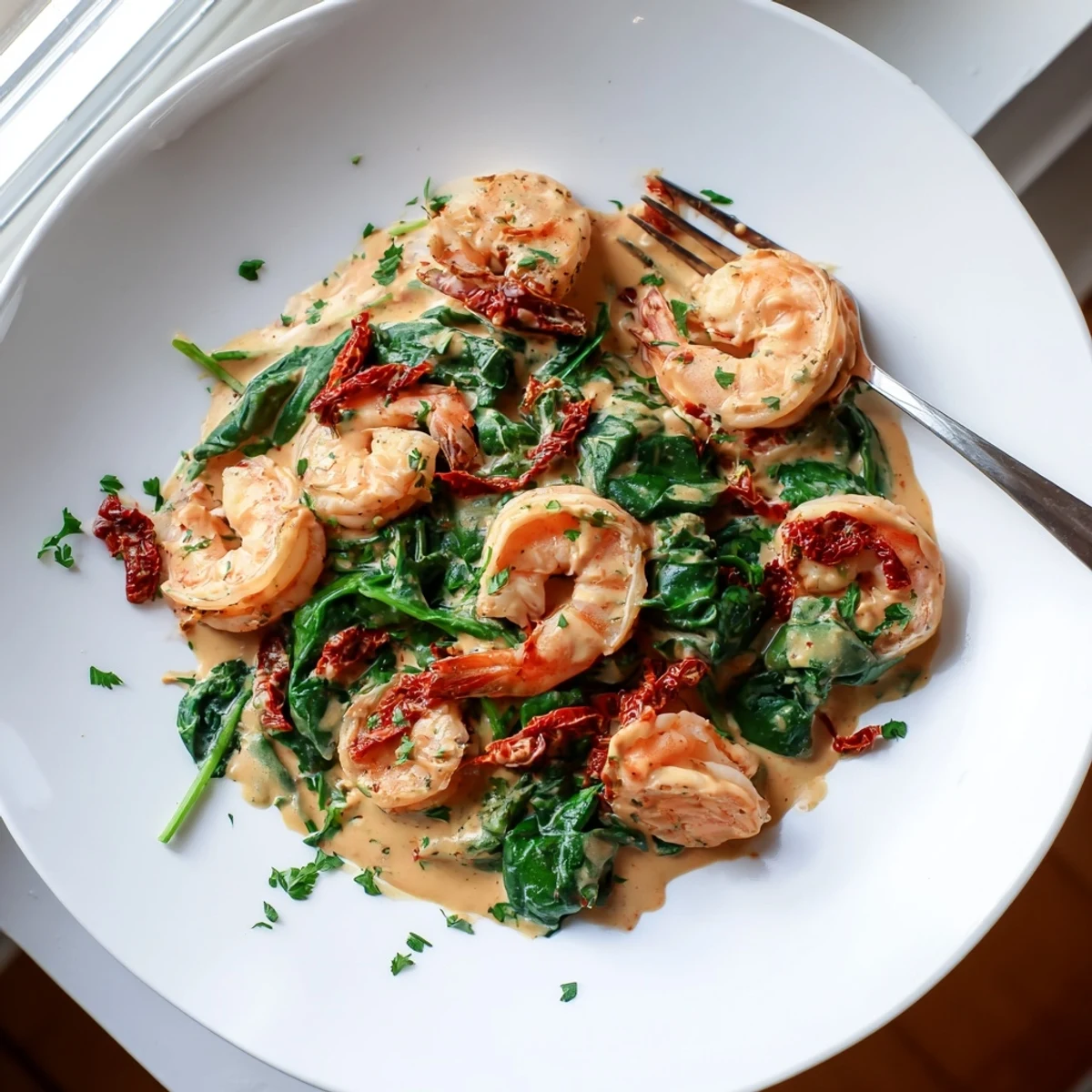 A skillet of keto creamy Tuscan shrimp garnished with fresh parsley over a bed of tender baby spinach.