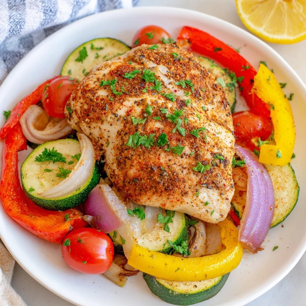 Chicken foil packets recipe garnished with fresh parsley and served with bright lemon wedges