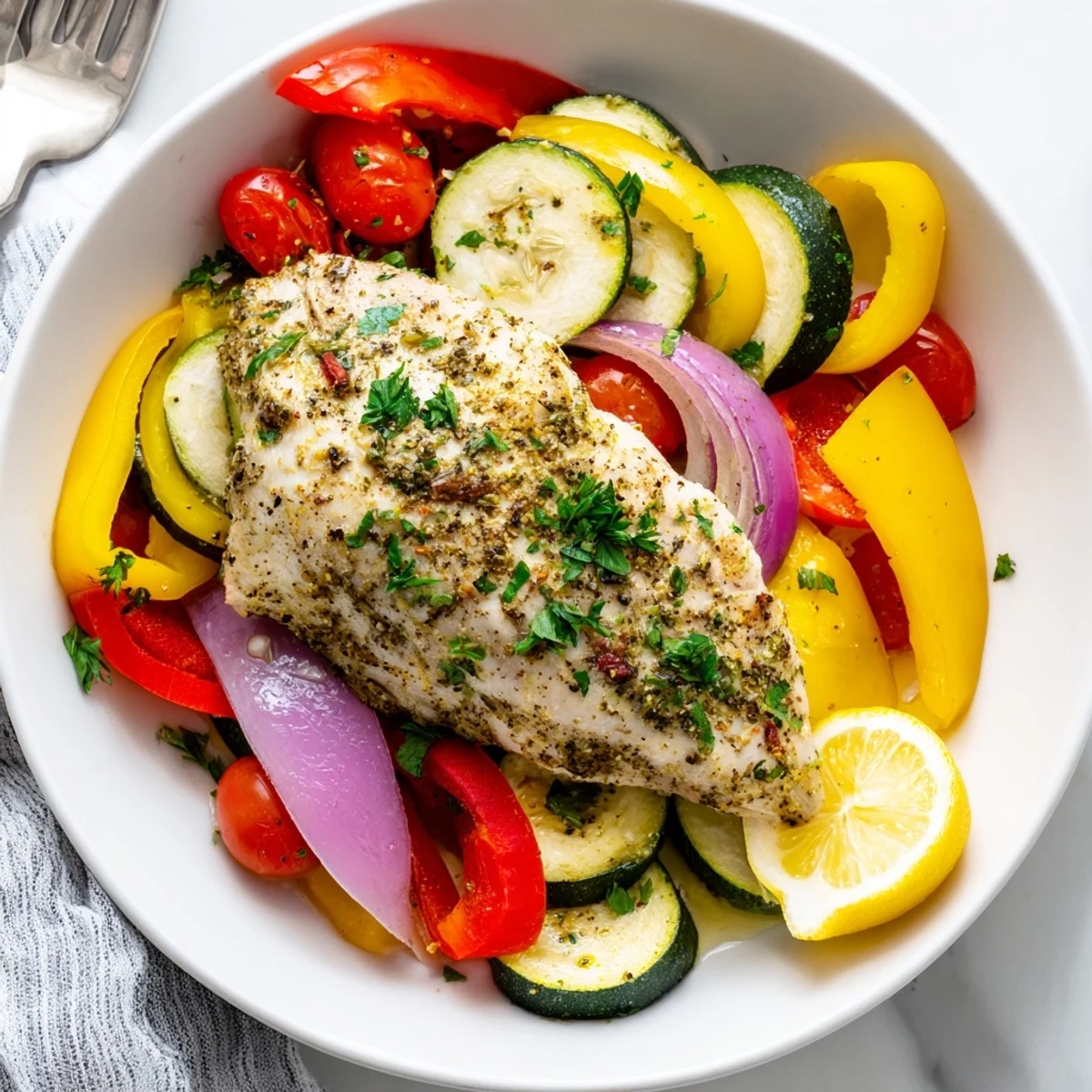 Golden chicken foil packets recipe with tender zucchini, bell peppers, and juicy steamed vegetables