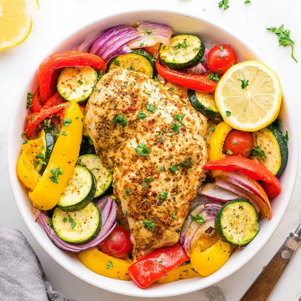 Open foil revealing a chicken foil packets recipe with charred squash, tomatoes, and herbs