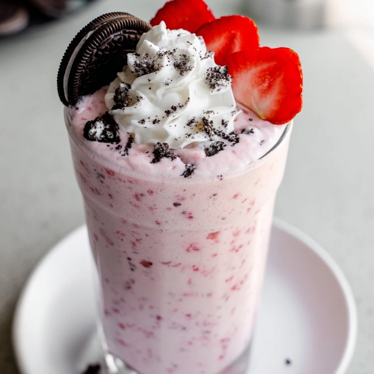 Two glasses of creamy strawberry Oreo milkshake garnished with crushed cookies