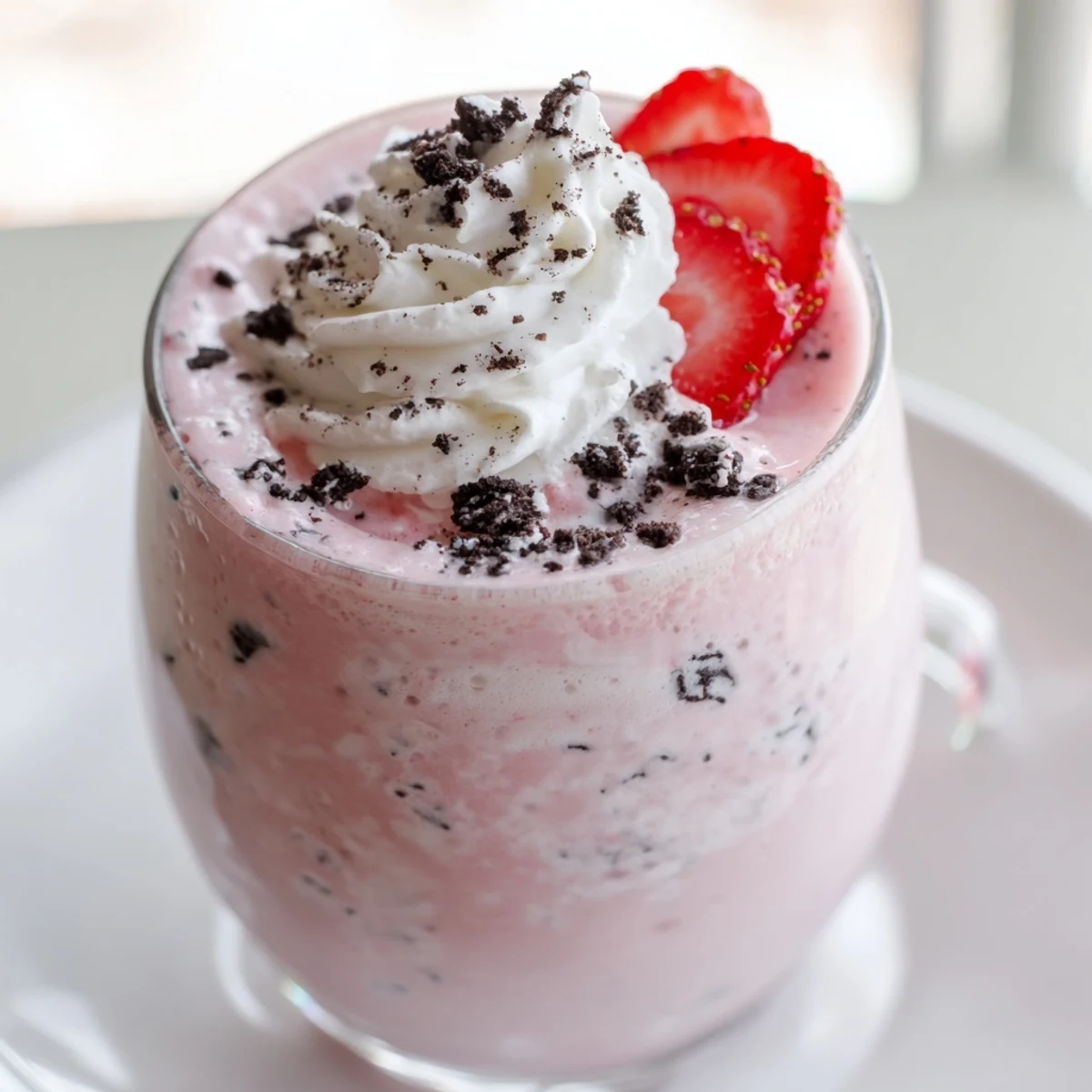 Thick pink strawberry Oreo milkshake topped with whipped cream in a glass