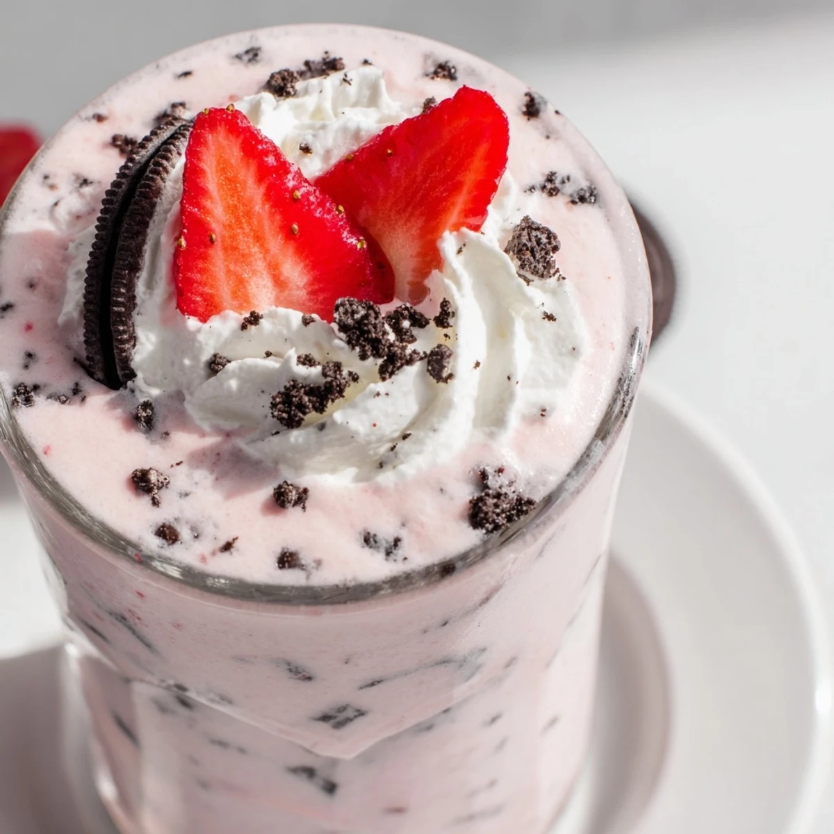 Blended strawberry Oreo milkshake drizzled with whipped cream and fresh strawberry slices