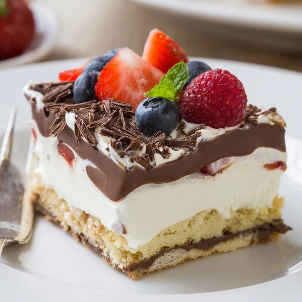 The Ultimate Dessert Recipe chilled on a biscuit crust with glossy berries