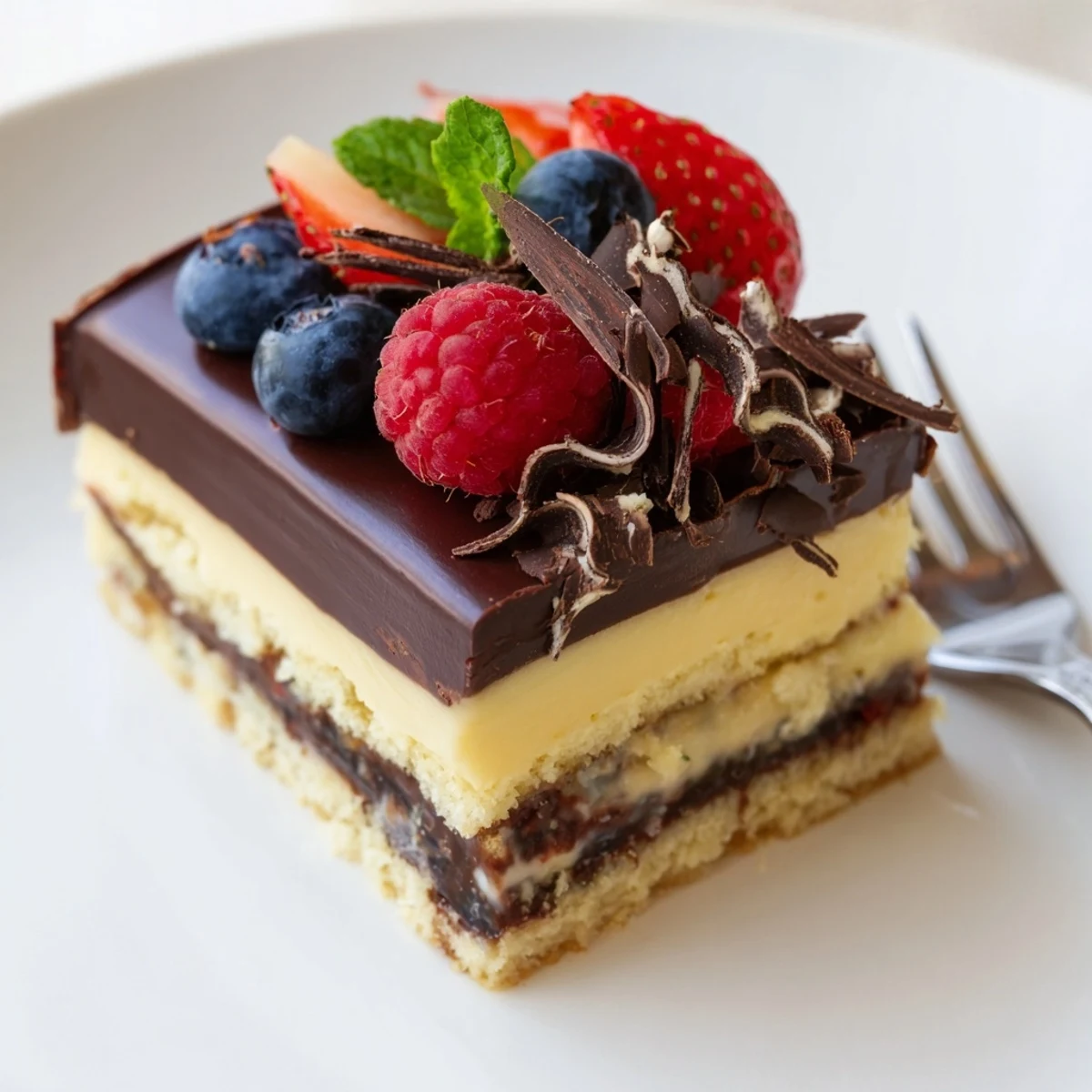 Serve The Ultimate Dessert Recipe sliced, garnished with dark chocolate shavings and mint