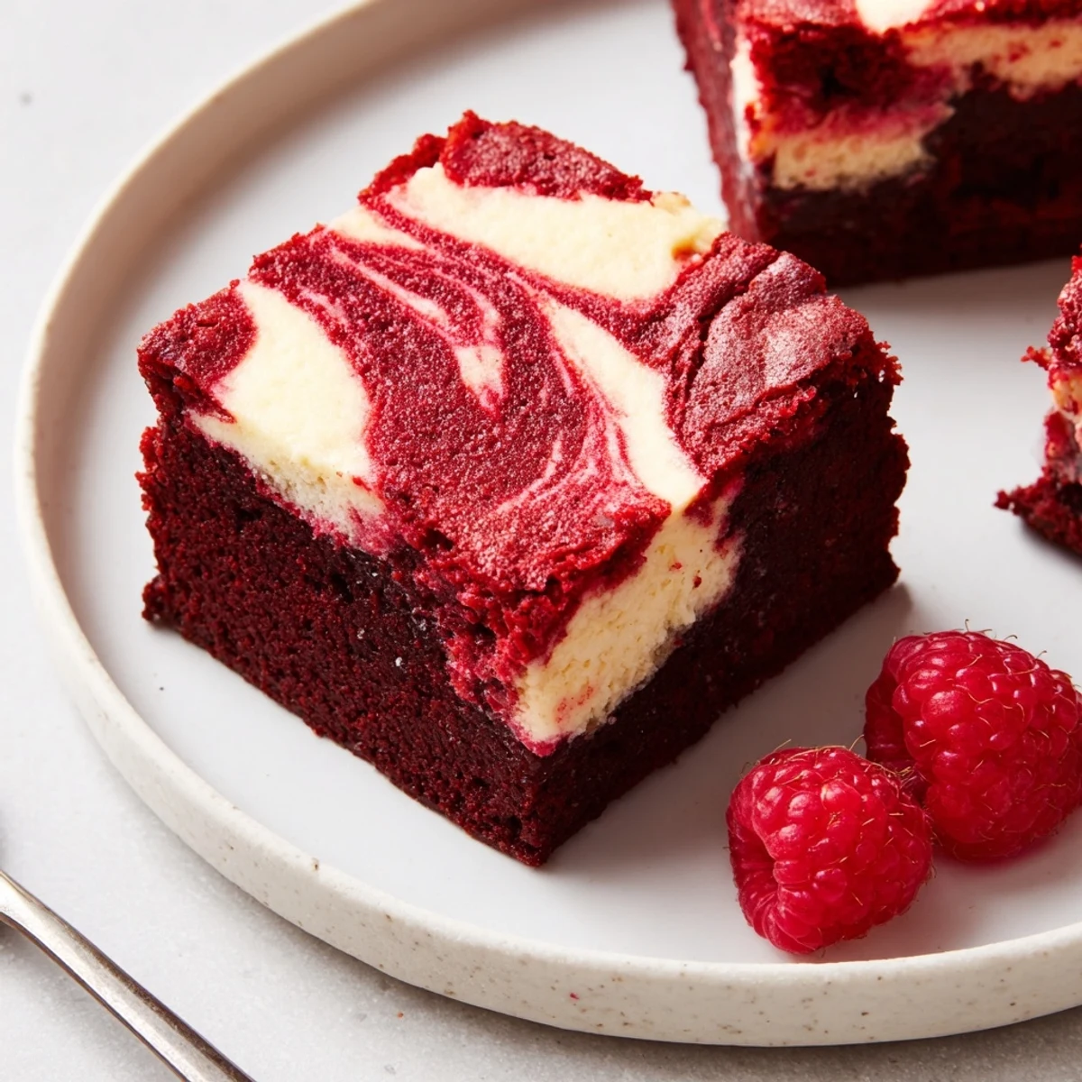Red Velvet Brownies With Cheesecake Layer chilled, sliced, dusted with powdered sugar
