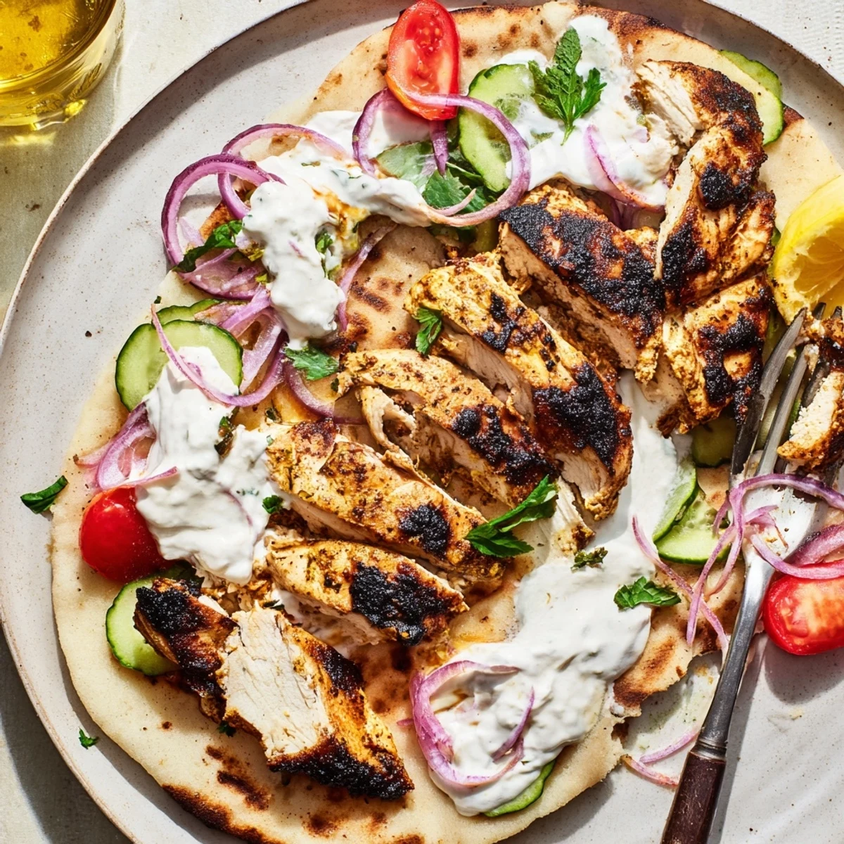 Grilled Shawarma Chicken With Garlic Sauce sliced on rice, creamy tangy toum