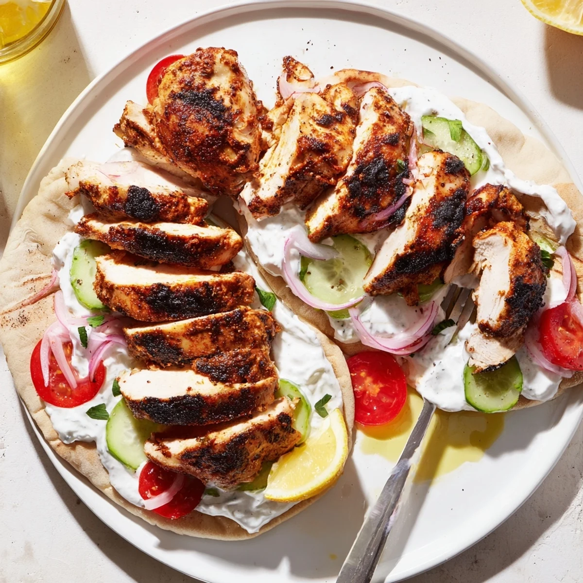 Family-style Shawarma Chicken With Garlic Sauce served with cucumbers, smoky spices