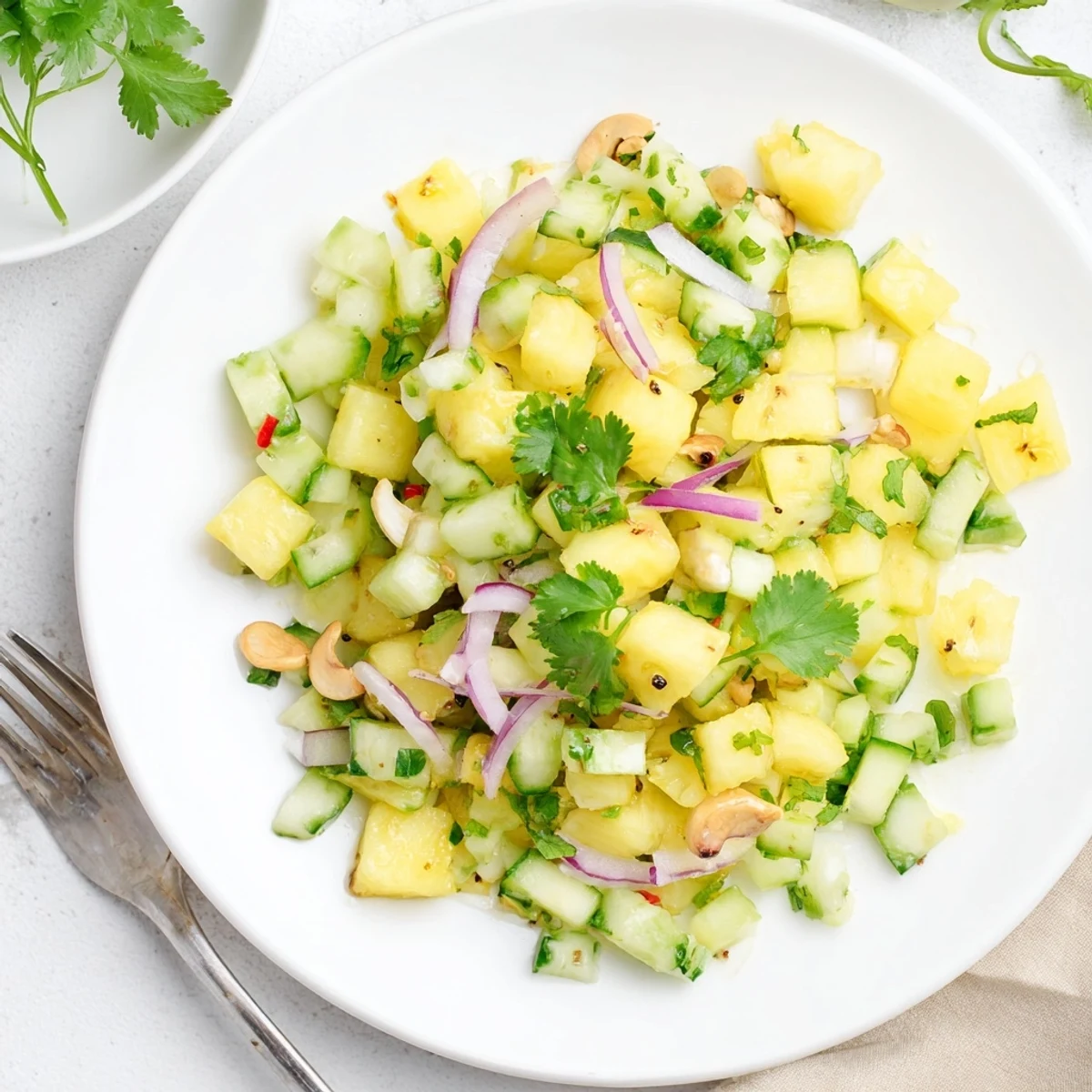 Pineapple Cucumber Salad tossed in zesty lime with fresh cilantro notes.