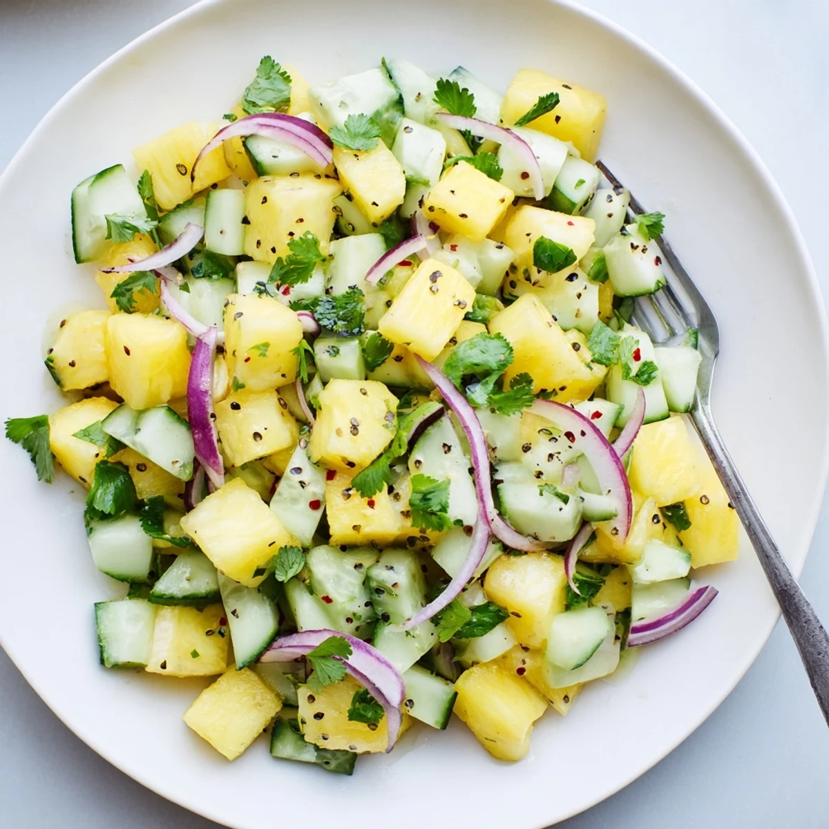 Chilled Pineapple Cucumber Salad served alongside grilled fish, bright and tangy.