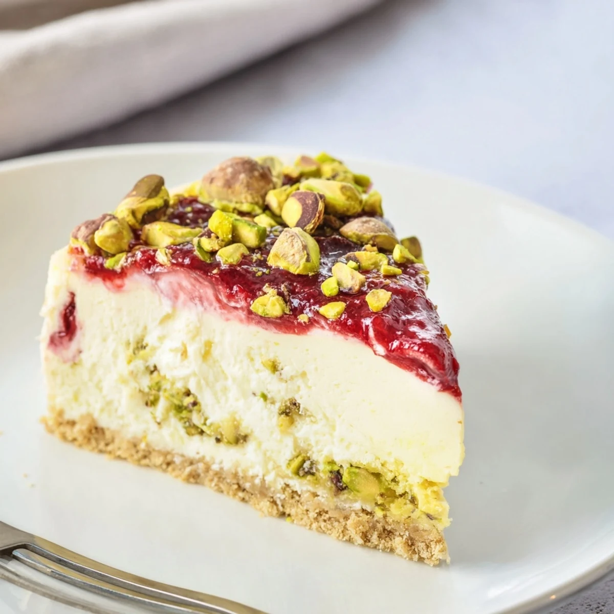Lemon Lime Cherry Pistachio Cheesecake with glossy cherry topping and crunchy pistachios