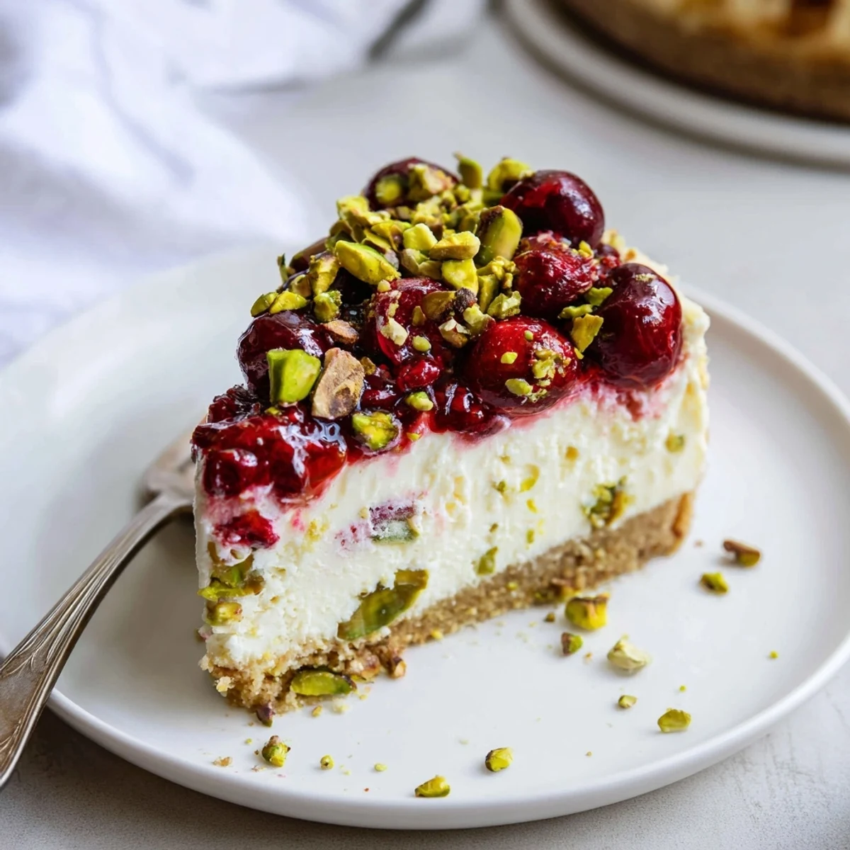 Chilled Lemon Lime Cherry Pistachio Cheesecake sliced on plate beside sparkling lemonade