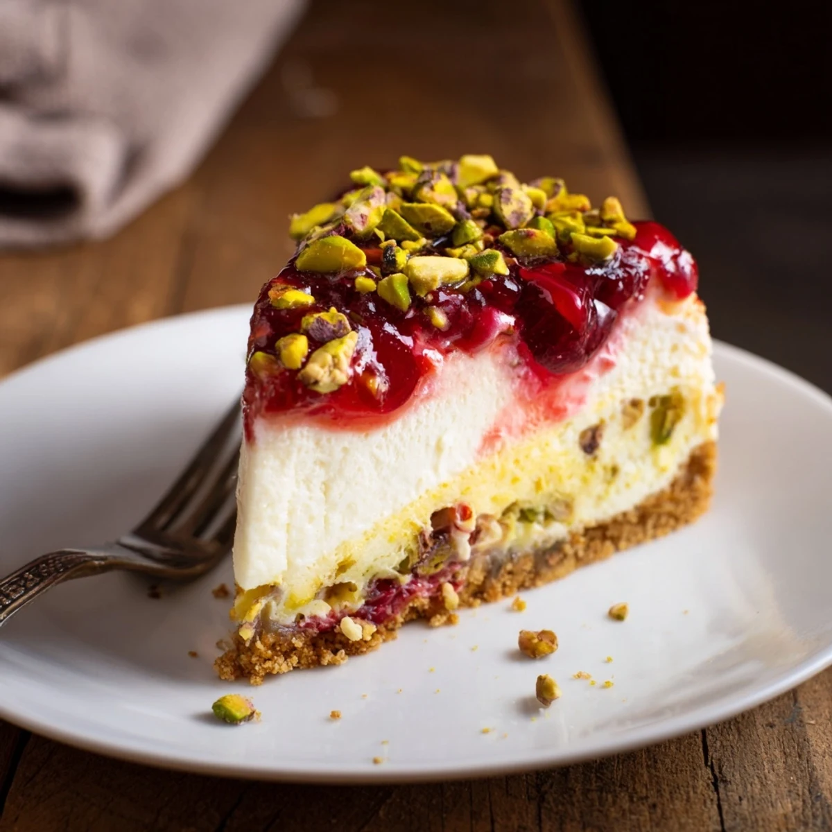 Slice of Lemon Lime Cherry Pistachio Cheesecake showing zesty, creamy interior and cherries