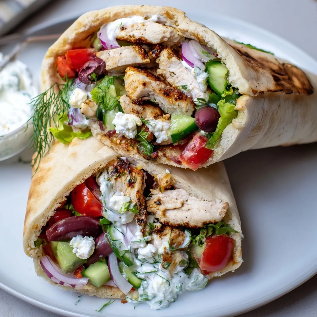 Mediterranean Chicken Pita Wraps with charred chicken, crisp cucumber, tangy yogurt drizzle
