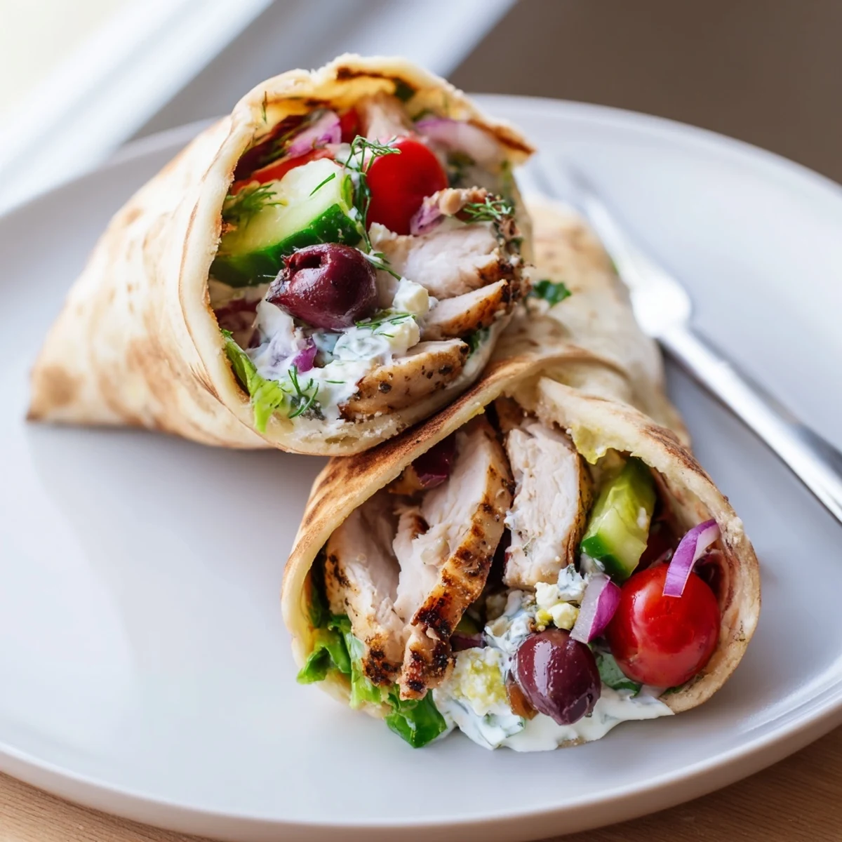Warm Mediterranean Chicken Pita Wraps stuffed with feta, Kalamata olives, bright tomatoes