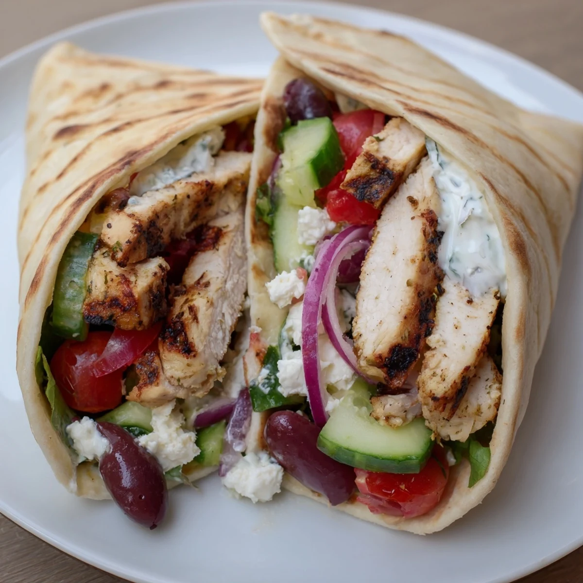 Grilled Mediterranean Chicken Pita Wraps offering smoky aroma, creamy yogurt sauce, fresh greens