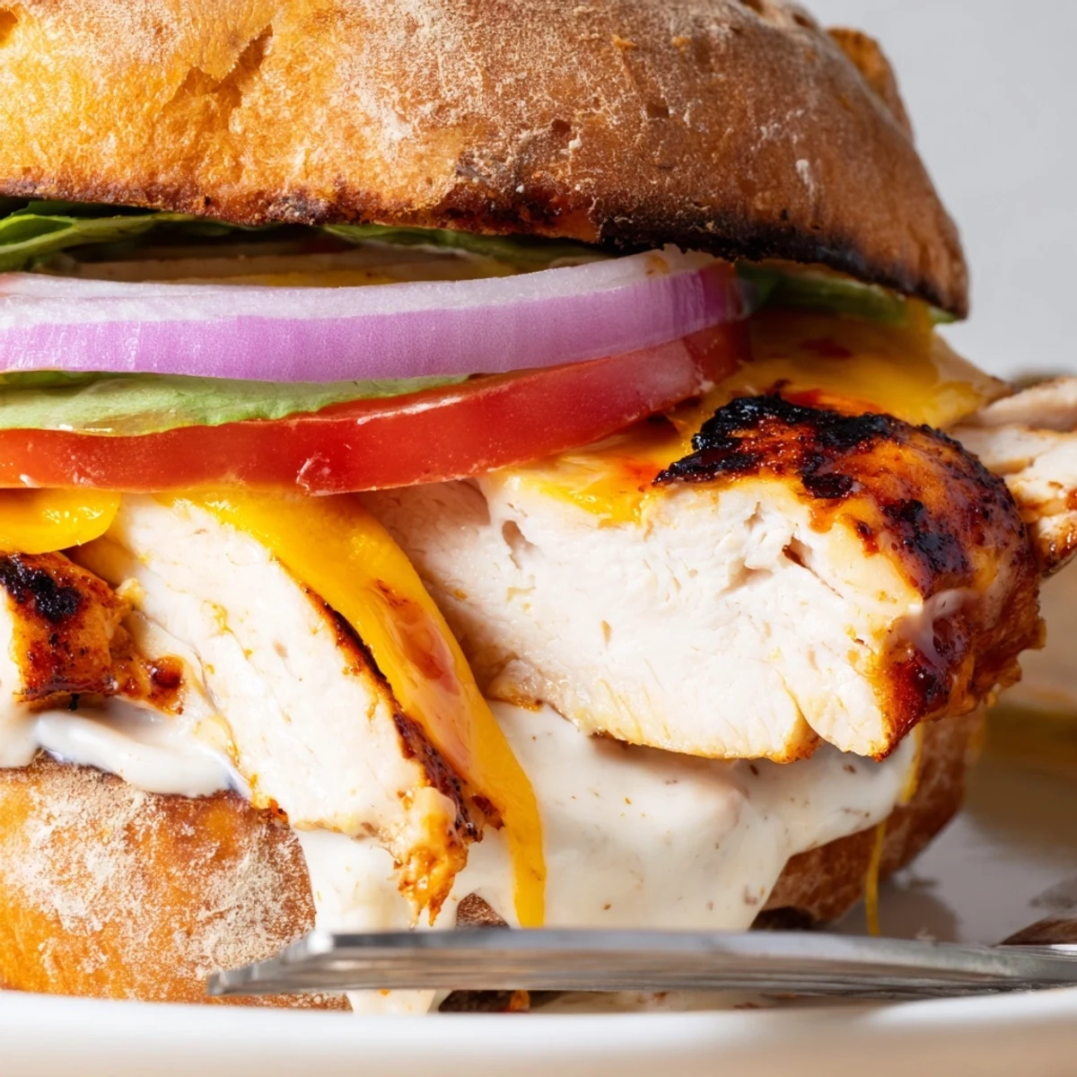 Spicy Chicken Sandwich With Creamy Sauce on toasted bun, juicy, tangy, crisp lettuce.