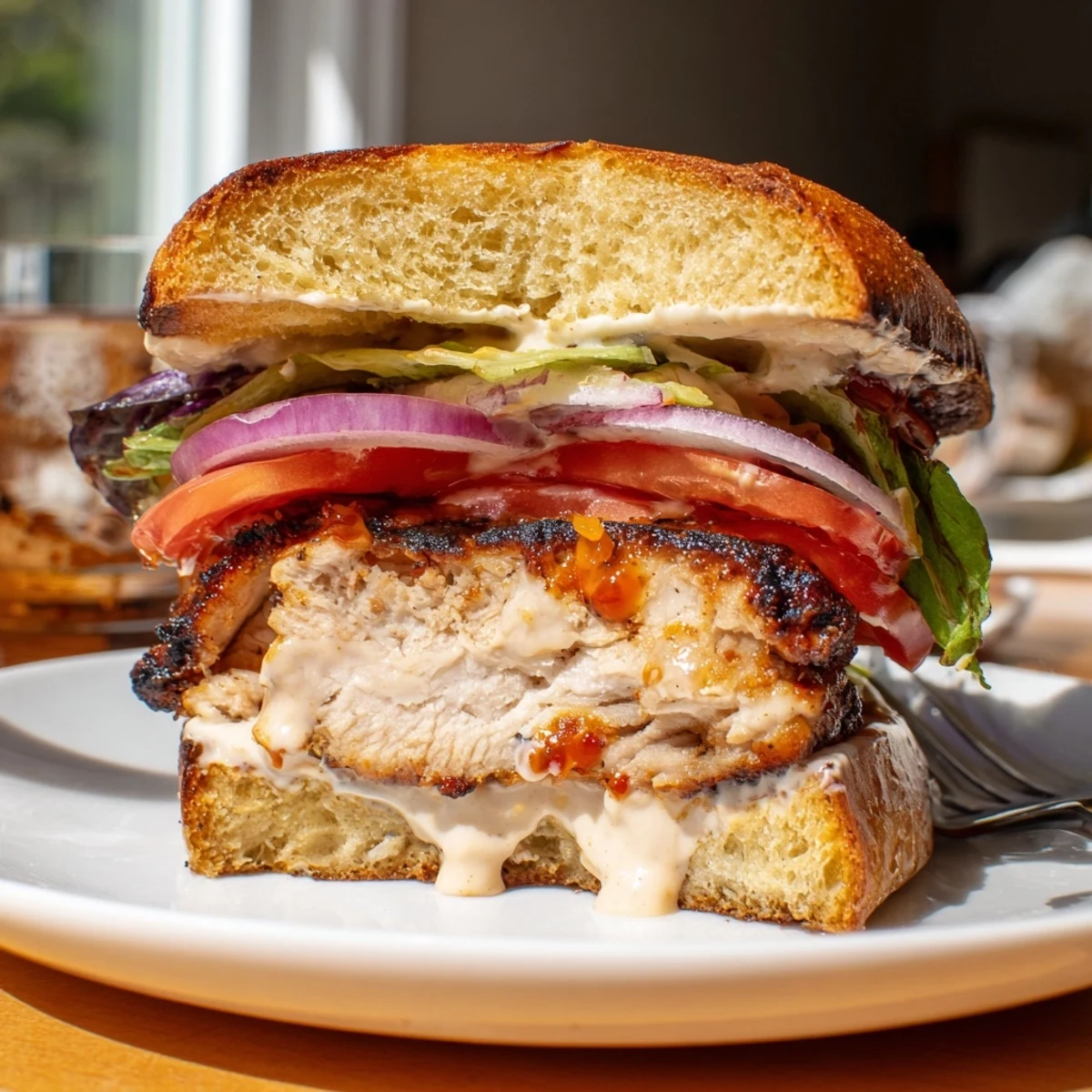 Grilled Spicy Chicken Sandwich With Creamy Sauce served with melted cheddar and tomato.