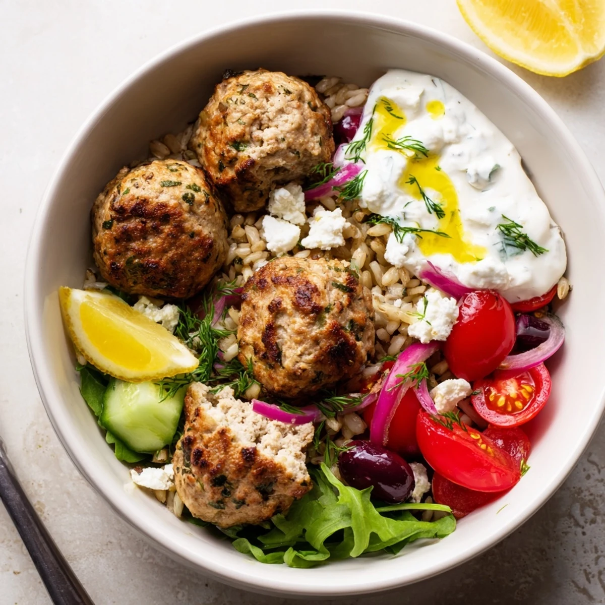 Turkey Mediterranean Meatballs Bowl with golden baked meatballs, bright cucumber, feta
